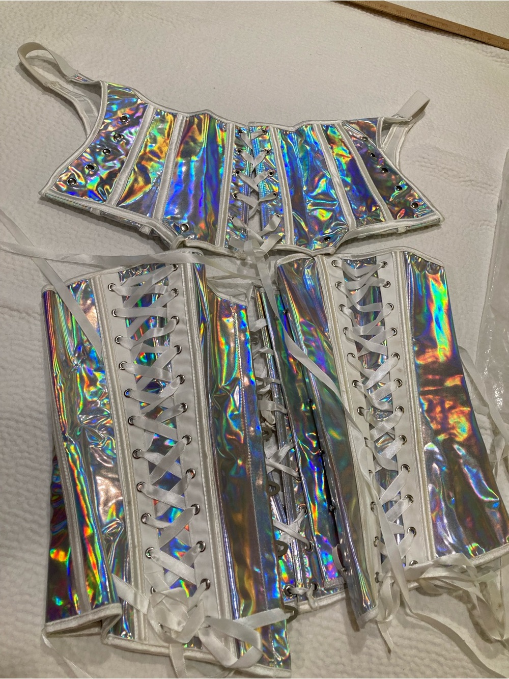 Holographic Lace-Up Corset Top and Waist Cincher Set - Iridescent Silver